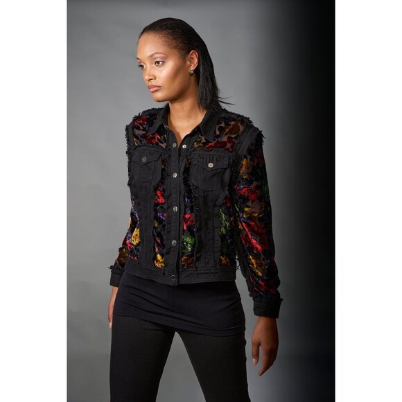 Adore Denim Sheer Panel Embroidered Velvet Floral Fringe Jacket Small Black - Picture 2 of 13